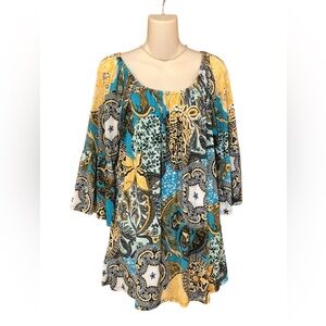 Voel Boutique Blue and Gold Print Ruffled Tunic Top‎